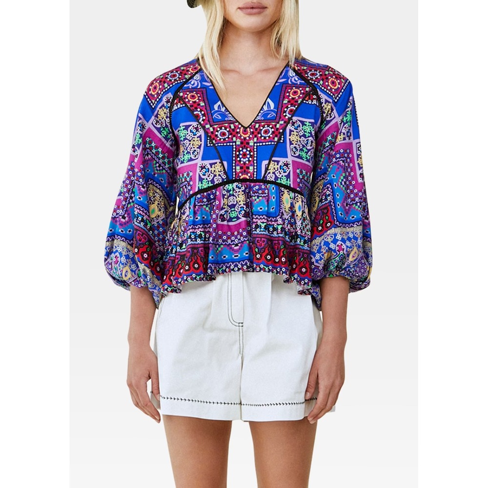 Hunter Bell Women Grayson‎ Linen Patchwork V-Neck Top Medium Blue Mosaic Peplum
